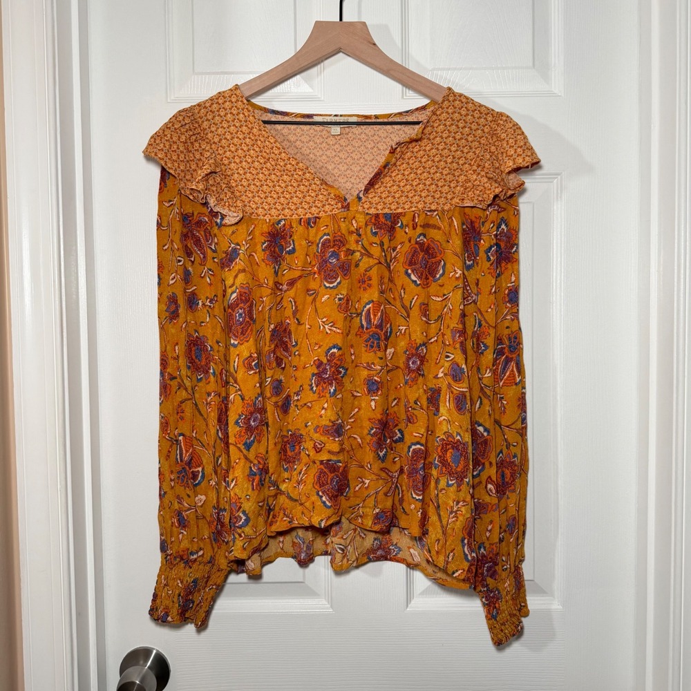 Farmers Market Floral Boho Blouse Mustard Yellow Ruffle Smocked XL Women's Top